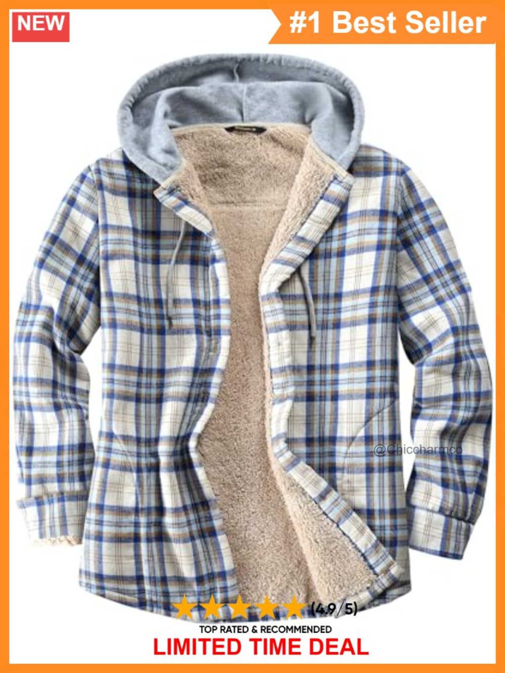 Sherpa Lined Cotton Flannel Hooded Shirt Jacket Plaid Button Down